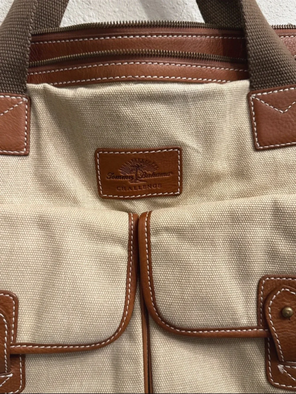 Tommy Bahama Challenge Canvas Leather Messenger Bag Travel Satchel Brown Beige